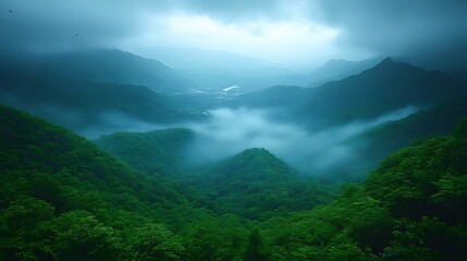 Misty mountain landscape, lush green hills shrouded in fog under a dramatic sky.