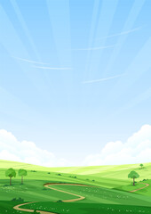 Natural summer landscape in the countryside. Green hills with trees and bushes. A path running through the field. Clear blue sky, sunny day. Vector illustration.  © i_mARTy