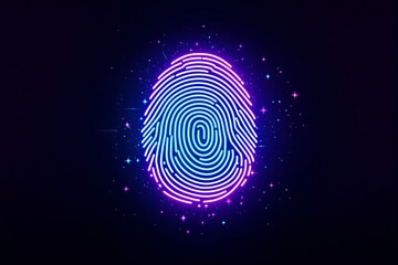 Glowing neon fingerprint with purple, pink, and blue hues surrounded by sparkling stars on a dark gradient background. Concept of digital identity. Ai generative