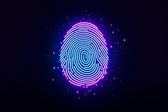 Glowing neon fingerprint with purple, pink, and blue hues surrounded by sparkling stars on a dark gradient background. Concept of digital identity. Ai generative