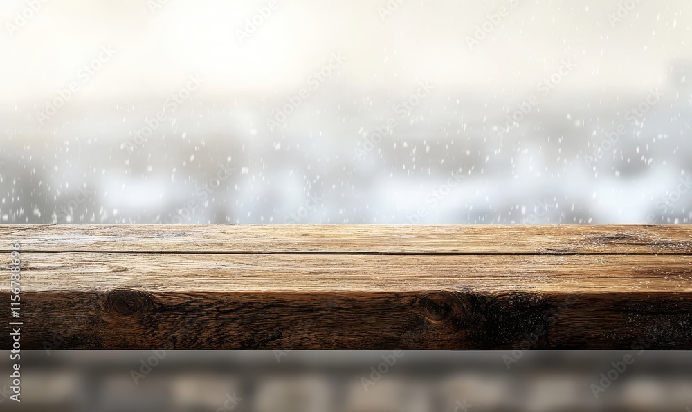 Poster serene wooden surface against soft focus background with gentle falling snowflakes and winter atmosp