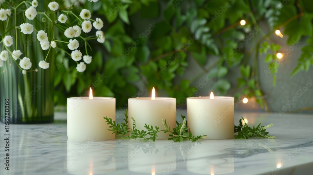 Poster lit candles on a marble surface with a soft-focus background of green foliage and flowers.