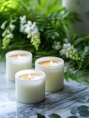 Lit candles on a marble surface with a soft-focus background of green foliage and flowers.
