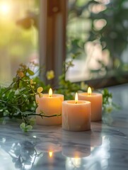 Lit candles on a marble surface with a soft-focus background of green foliage and flowers.