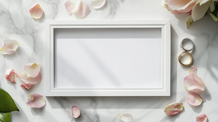 Elegant white photo frame with rose petals and wedding rings