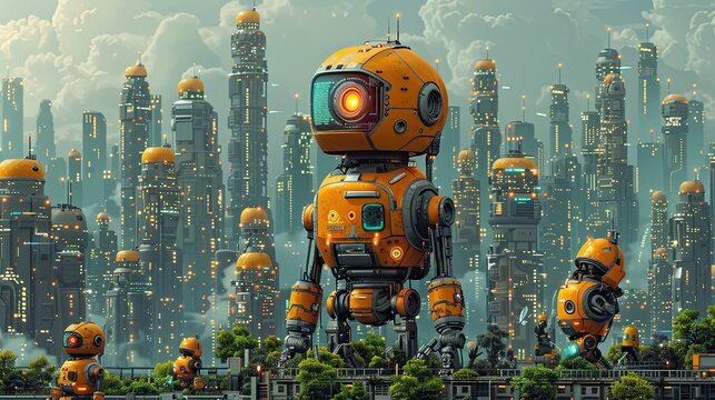 flat design, illustration, The Robot City Builder: Robots working together to design a futuristic city