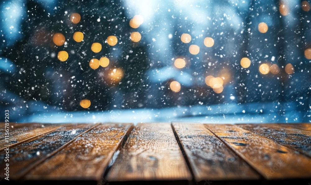 Poster snow falling gently on rustic wooden table with soft bokeh lights in background creating a cozy wint