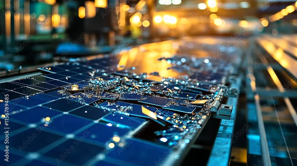 Poster a close-up of solar panel shards being sorted into categorized bins, emphasizing clean and eco-frien