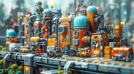 flat design, illustration, The Robot City Builder: Robots working together to design a futuristic city