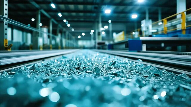 A view of crushed solar panel glass sparkling under bright facility lights, ready for repurposing into new construction materials