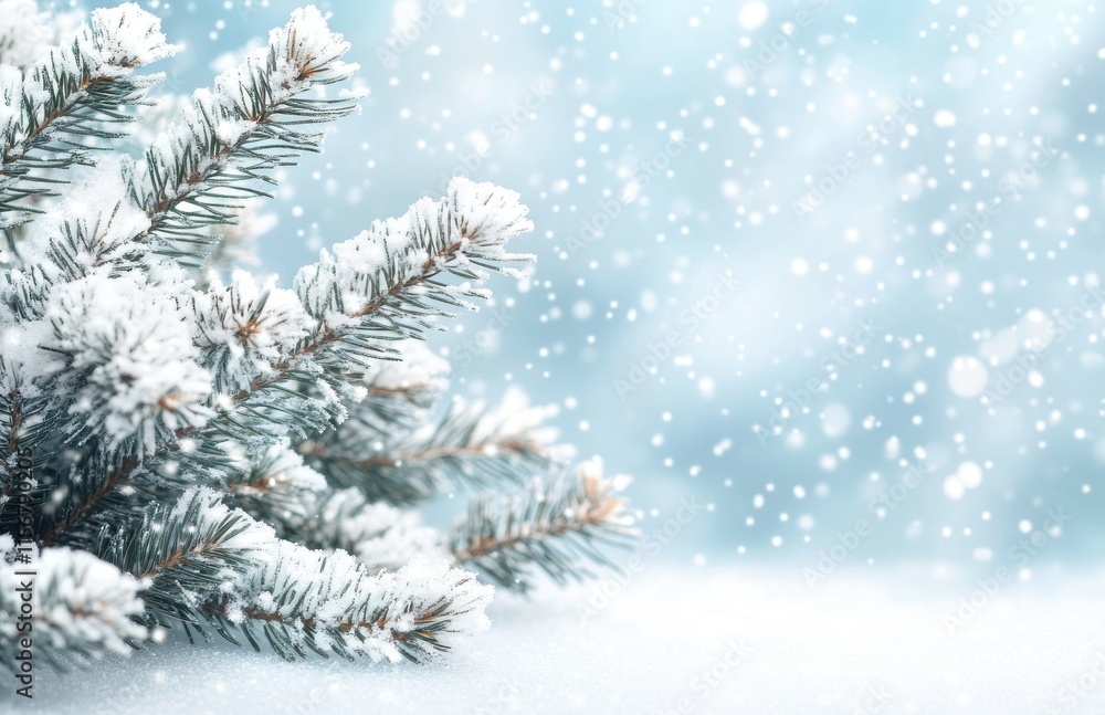 Poster snow-covered pine branches against a soft blue background with flurries and bokeh effect creating a 
