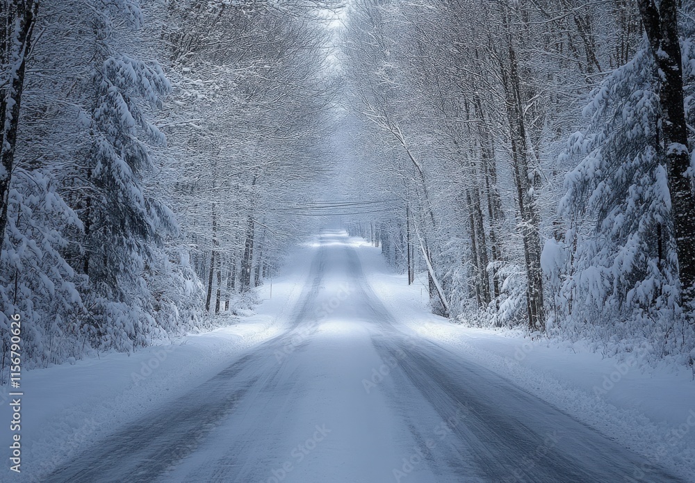 Poster snow-covered road flanked by frosty trees in a serene winter landscape with soft light filtering thr