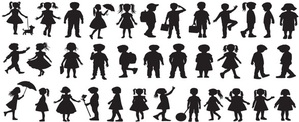 silhouette children, play, dance, jump set vector