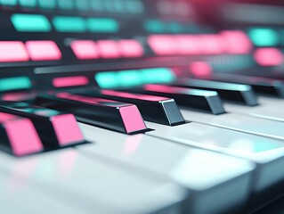 A vibrant and abstract image of a piano keyboard with neon colors, creating a futuristic and...