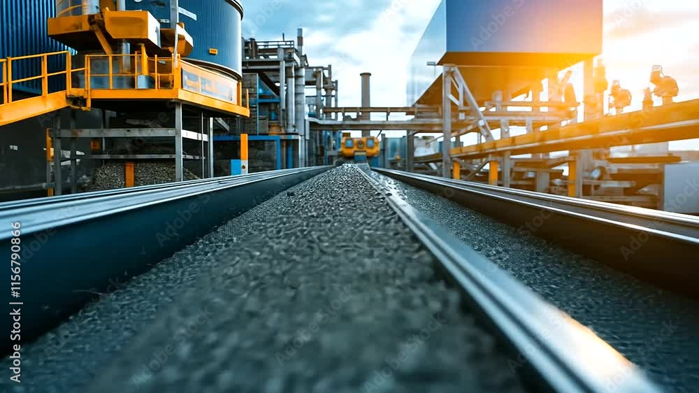 Poster a close-up of conveyor rollers transporting solar panel fragments into a high-temperature furnace fo