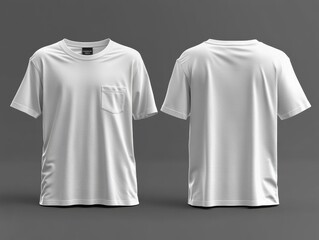 This image showcases the front and back views of a plain white t-shirt. The t-shirt features a round neck and a single pocket on the front.