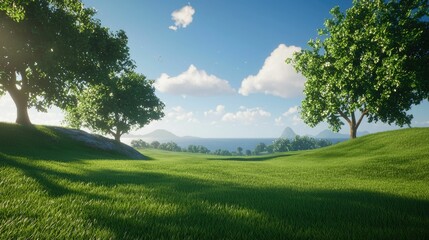 Obraz premium Lush green field with large trees, hills, and a distant ocean under a sunny sky.