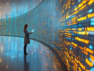 A person stands in a futuristic data center, surrounded by curved walls of glowing digital code, working on a laptop. The ambiance is high-tech and modern.
