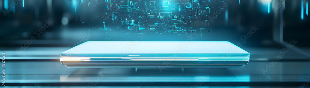 Poster innovative technology showcase futuristic lab digital display high-tech environment aerial view conc