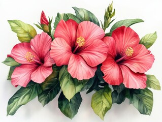 Obraz premium A vibrant watercolor depicting tropical flowers with lush green leaves. The red hibiscus flowers stand out against the fresh foliage, exuding a lively spring vibe.