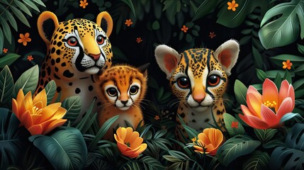 flat design, illustration, The Rainforest Trail: A hiking trip with adorable animal companions
