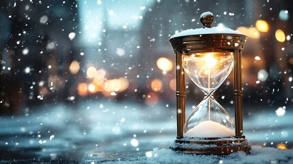 Glimmering Hourglass Photo: Time Gently Passing in a Snowy Winter Cityscape. AI Generated