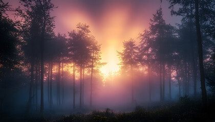 Naklejka premium ethereal dawn mystical forest awakening