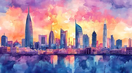 Vibrant Watercolor Cityscape Illustration: Dreamy Sunset Skyline Painting. AI Generated