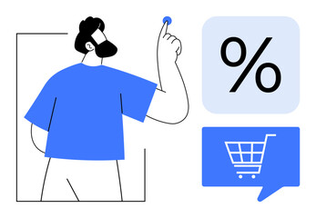 Man pointing at large percentage symbol next to shopping cart speech bubble. Ideal for e-commerce, sales, promotions, marketing, advertising, online shopping, digital transactions. Line metaphor