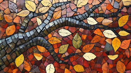Stunning Autumnal Mosaic Illustration: Intricately Detailed Tree Branch and Falling Leaves. AI Generated