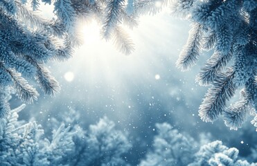 Snowy Forest with Soft Sunlight Streaming Through Frosted Pine Branches, Creating a Magical Winter Atmosphere and Serene Scene of Nature's Beauty