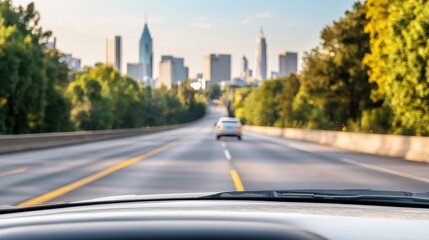 Driving through scenic urban landscape city skyline view daytime journey nature and transport