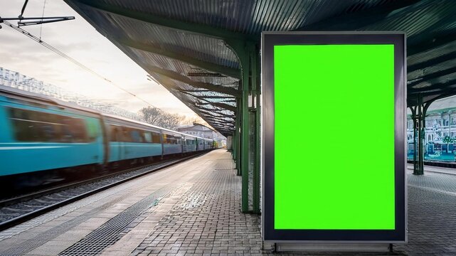Blank mock up of vertical street poster billboard on train station Background