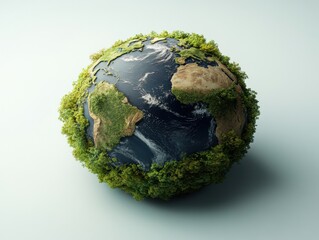 Fototapeta premium A digitally rendered Earth covered with lush greenery symbolizing global environmental awareness, set against a clean, white background.