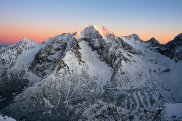 Winter in the high mountains of the Slovak Tatras during sunset