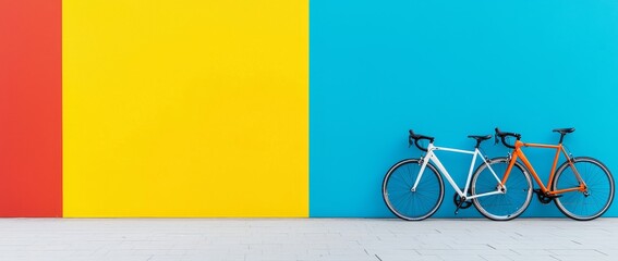 Three retro bikes were positioned against a colorful wall of red, yellow, and blue, embodying the dynamic city life and eco-conscious commuting.
