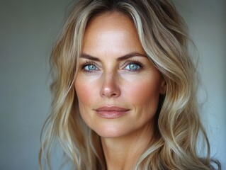 Fototapeta premium A mid-aged woman with blonde hair and blue eyes is facing forward, appearing calm and confident. The background is softly blurred, emphasizing her features.