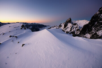 Winter in the high mountains of the Slovak Tatras during sunset
