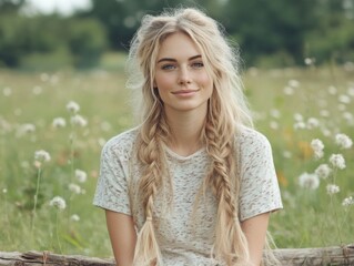 Fototapeta premium A woman with long, braided hair relaxes in a green meadow, surrounded by wildflowers and trees, exuding serenity and connection with nature.