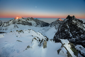 Winter in the high mountains of the Slovak Tatras during sunset