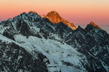 Winter in the high mountains of the Slovak Tatras during sunset