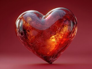 A 3D red heart object with a glossy, textured surface, isolated against a gradient red background, conveying themes of love and passion.
