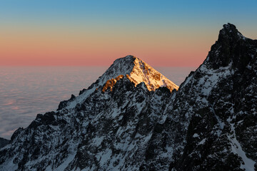 Winter in the high mountains of the Slovak Tatras during sunset