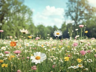 Obraz premium A vibrant flower meadow bathed in soft sunlight and bokeh effects, creating a serene and picturesque scene that evokes feelings of peace and joy.
