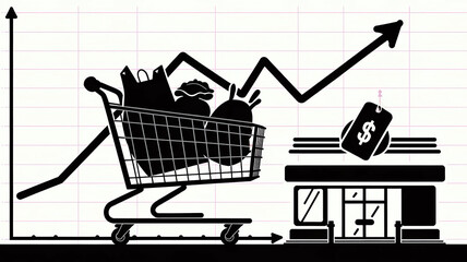 Illustration of a shopping cart silhouette with a rising graph overlay, symbolizing increasing grocery prices, emphasizing inflation trends. 