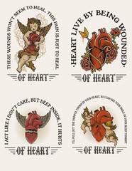 Set retro human heart with rose and cupid angel good for t shirt, poster, etc