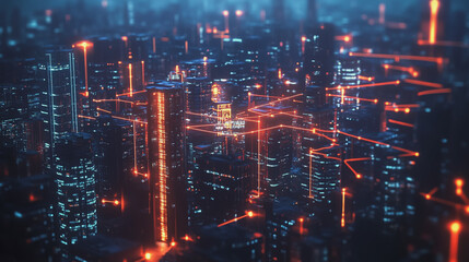 Fototapeta premium Smart digital Innovation city with connection network reciprocity over the cityscape. of future smart wireless city and social media networking systems that connects business people with in city