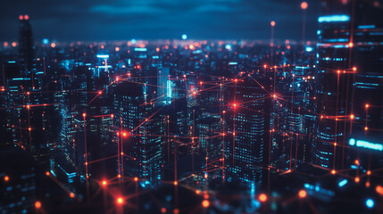 Fototapeta premium Smart digital Innovation city with connection network reciprocity over the cityscape. of future smart wireless city and social media networking systems that connects business people with in city