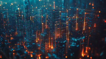 Obraz premium Smart digital Innovation city with connection network reciprocity over the cityscape. of future smart wireless city and social media networking systems that connects business people with in city