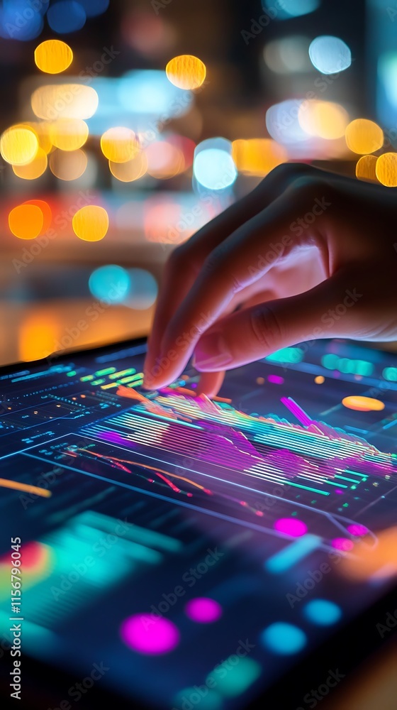 Poster hand interacting with digital tablet displaying data charts. concept of technology, finance, and ana